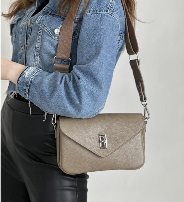 Leather bag with textile shoulder strap "Turin", Taupe