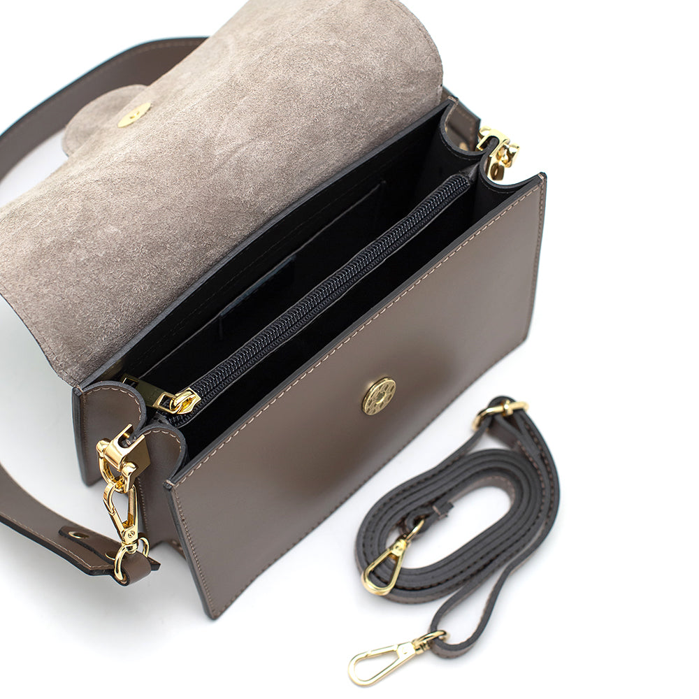 Leather bag with 2 shoulder straps "Atri", Dark taupe