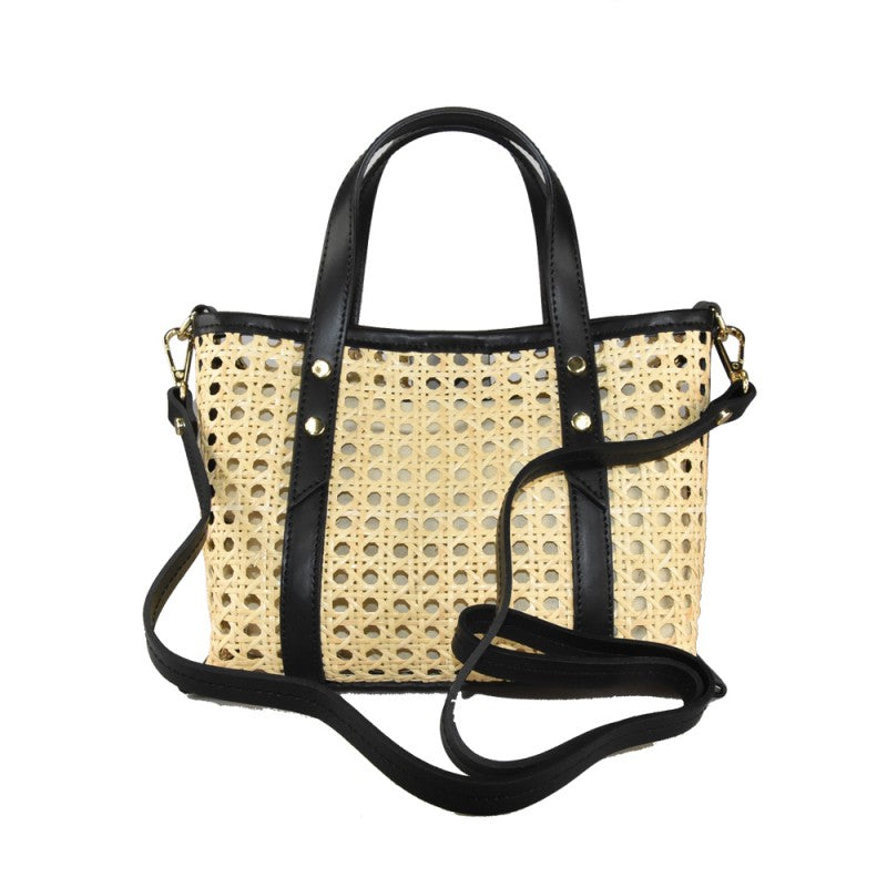 Straw bag with leather handle, Mini