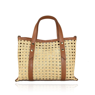 Straw bag with leather handle, Mini