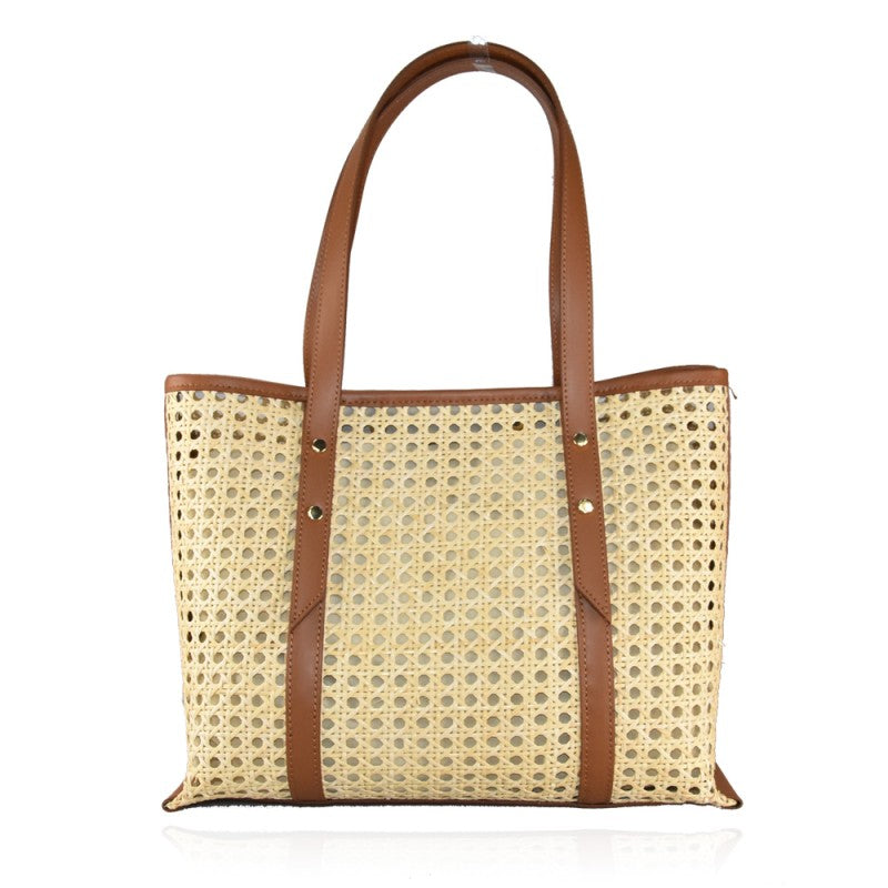 Straw bag with leather handle, Maxi