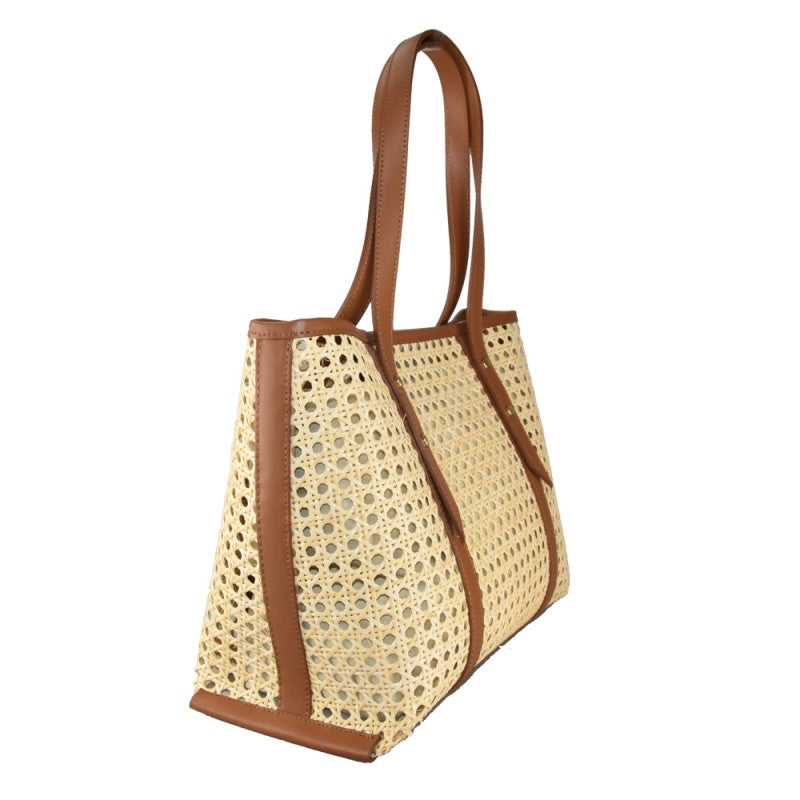 Straw bag with leather handle, Maxi