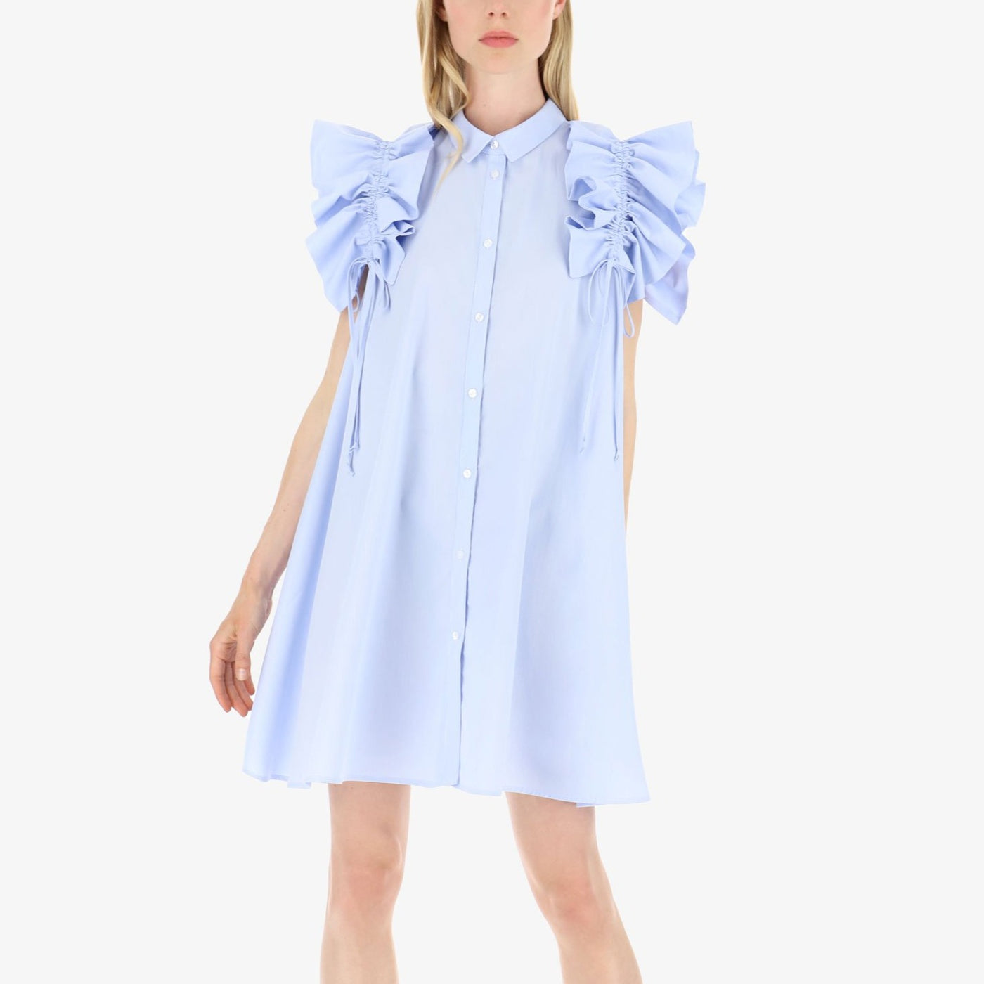 Ljusblå skjortklänning med volanger - Latalia.se
