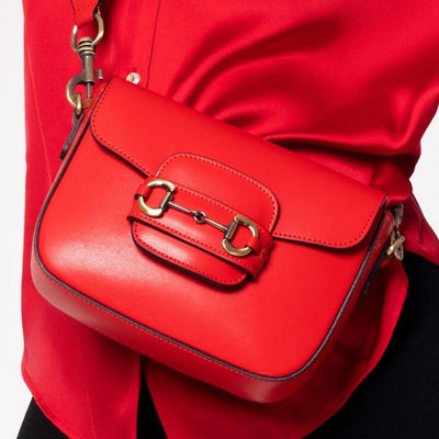 Shoulder strap bag in genuine leather with horsebit "Verona", Red