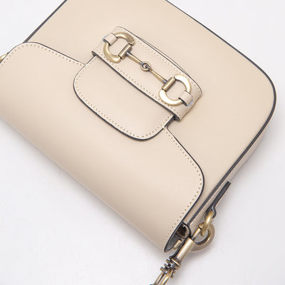 Shoulder strap bag in genuine leather with horsebit "Verona", Beige