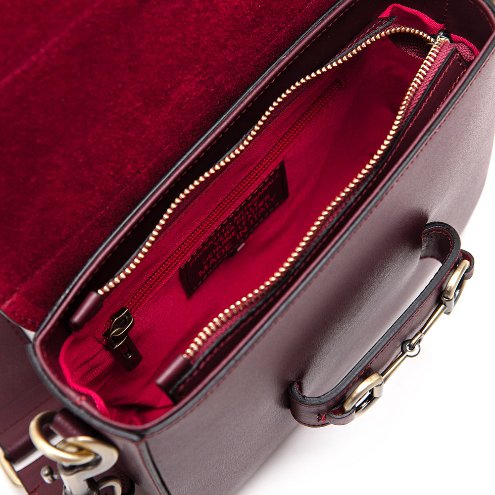 Shoulder strap bag in genuine leather with horsebit "Verona", Bordeaux