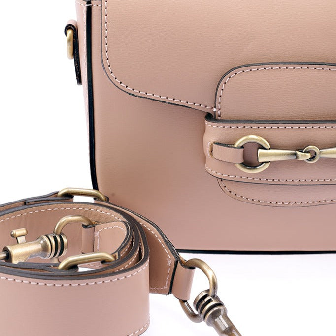 Shoulder strap bag in genuine leather with horsebit "Verona", Puder