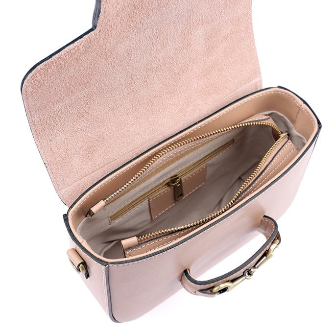 Shoulder strap bag in genuine leather with horsebit "Verona", Puder