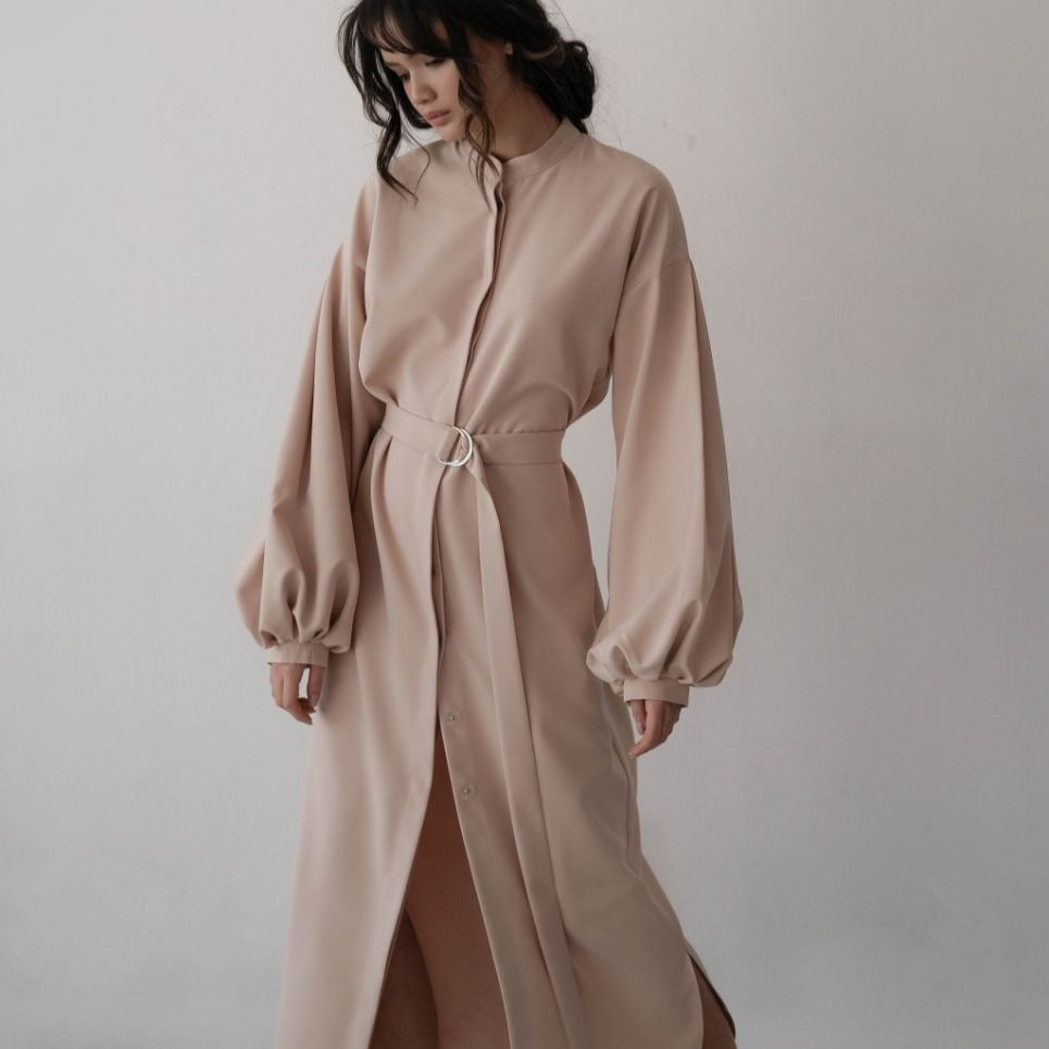 Skjortklänning med puffärmar och skärp "Lille", Beige - Latalia.se