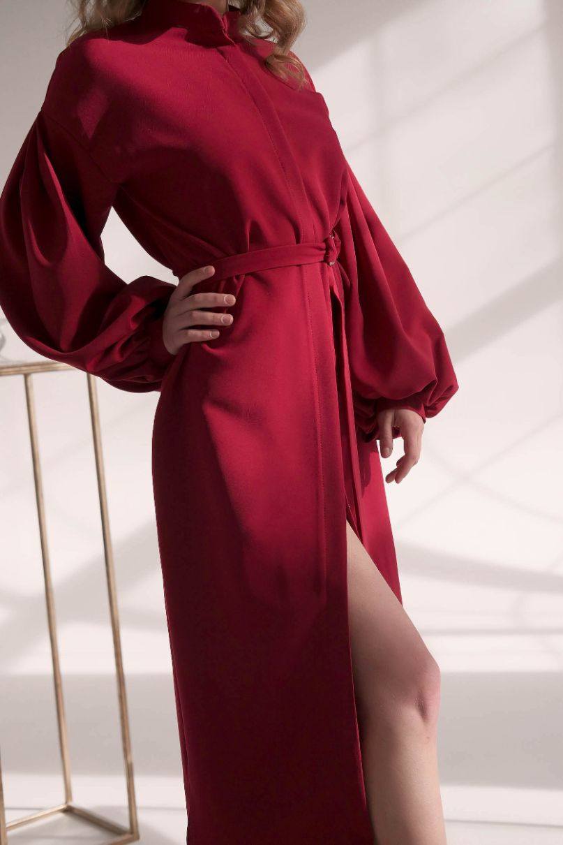 Skjortklänning med puffärmar och skärp "Lille", Bordeaux - Latalia.se