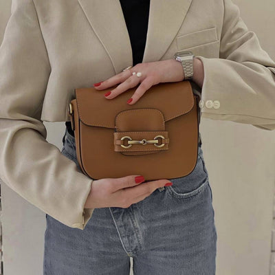 Shoulder strap bag in genuine leather with horsebit "Verona", Brown
